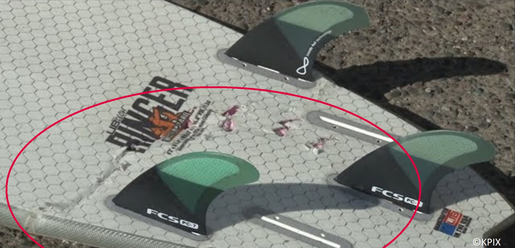 white shark bitten surfboard